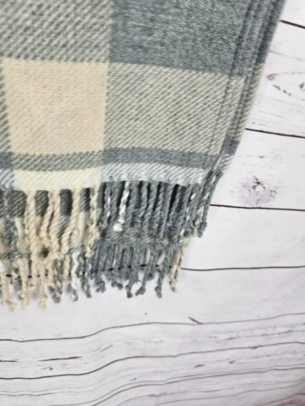 Abercrombie & Fitch Gray & Cream Plaid Fringe Wrap Shawl Scarf